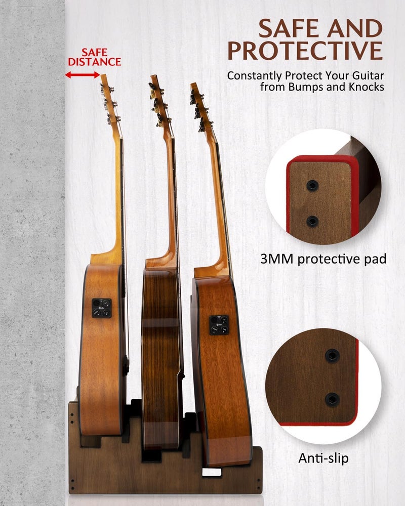 STRICH Wooden Guitar Stand for Multiple Guitars, 3-Holder, Front Display Space-Saving Floor Guitar Rack for Home, Studio, Stage, Walnut Color, L-3AW (For 3 Acoustic) - Image 4